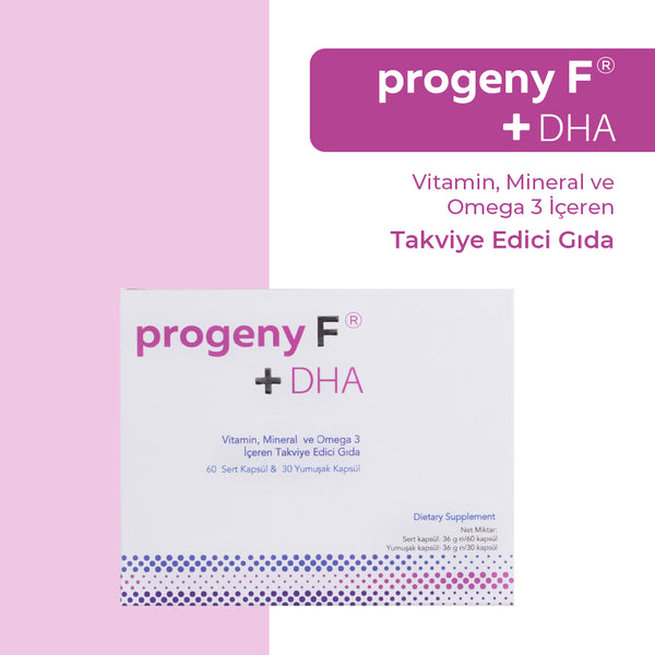 Progeny F®+DHA / Hamilelik Öncesi Yumurta Kalitesinin ve Sayısının Artırılmasına, Hamilelik ve Emzirme Dönemlerinde Anne - Bebek Sağlığına Katkıda Bulunan DHA, Vitaminler ve Mineraller İçerir.